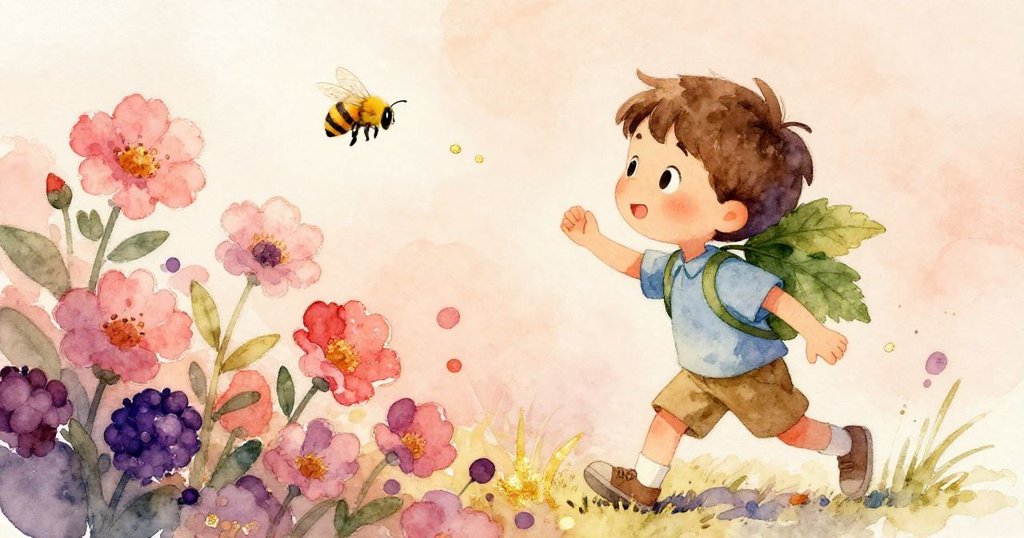 米洛充滿驚喜緩緩移動附著蜜蜂的莓葉，臉上展現讚嘆與快樂，在盛開花叢中傳遞生命律動。