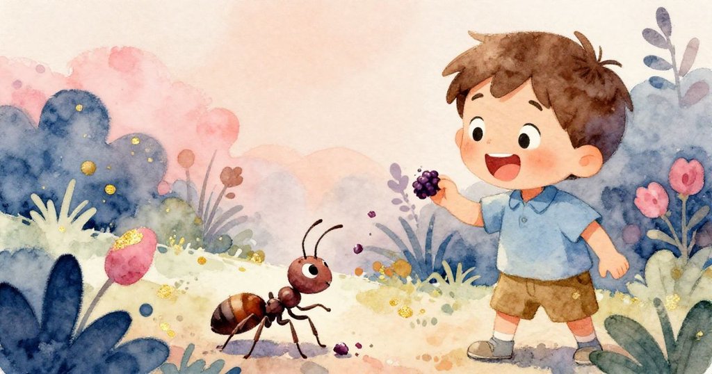 米洛輕笑間，一隻飢餓螞蟻正拉扯落下的莓屑，充滿童趣與自然間無言的交流，場景溫暖而生動。