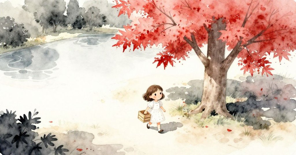 Lily攜帶木箱走向公園大楓樹,背景有寧靜池塘與陽光灑落,神情充滿期待,展開冒險旅程。