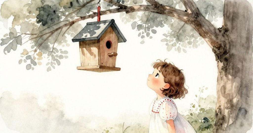 Lily透過樹枝形成的天然窗口凝望高處鳥屋,眼神充滿好奇與期待,展現探索心情並推動故事發展。