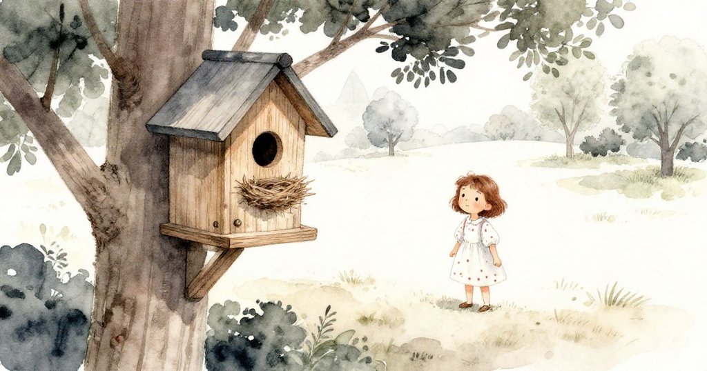 從高枝俯瞰展現空鳥巢與廣闊公園,Lily站在樹下注視鳥屋,神情流露出淡淡失落與堅定,背景寧靜美麗。