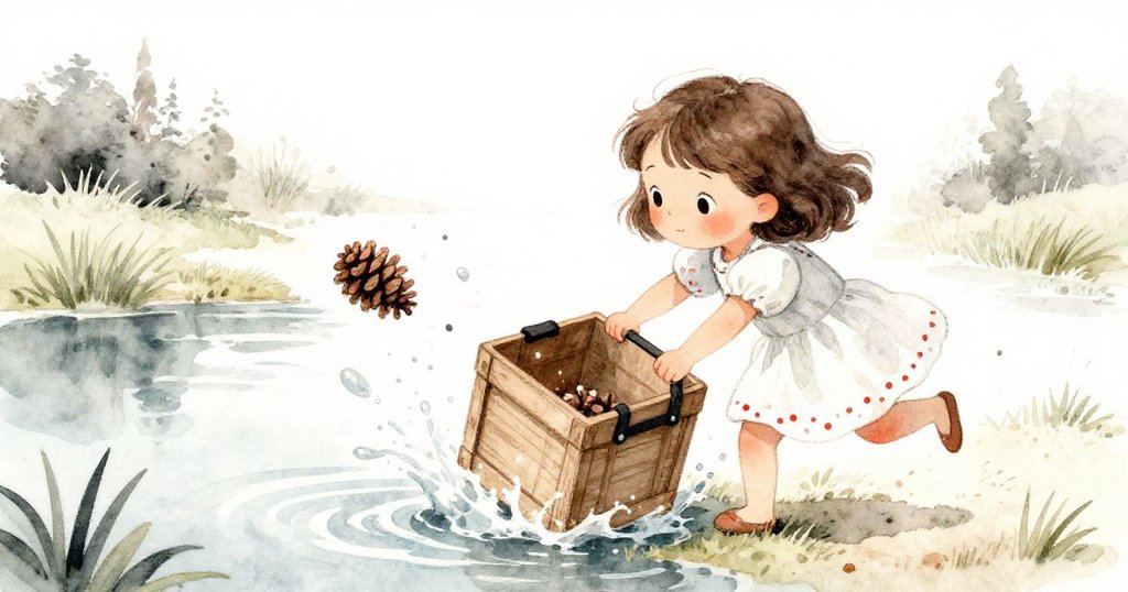 Lily攀爬時木箱傾斜,她奮力揮臂保持平衡,松果彈起濺起池水,場面滑稽緊張,展現冒險中的挑戰瞬間。