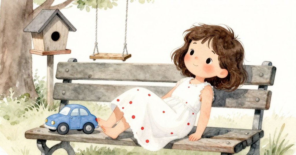 Lily坐在長椅上休息,藍色玩具車旁邊,遠處空鳥屋和輕搖鞦韆映襯出寧靜氛圍,神情平和完結故事。