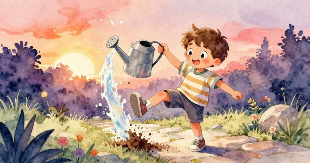 提姆在花園小徑上繞過一塊石頭，不慎踢到澆水壺，濺起的水花灑落在鬆散土壤中，表情中流露出專注。