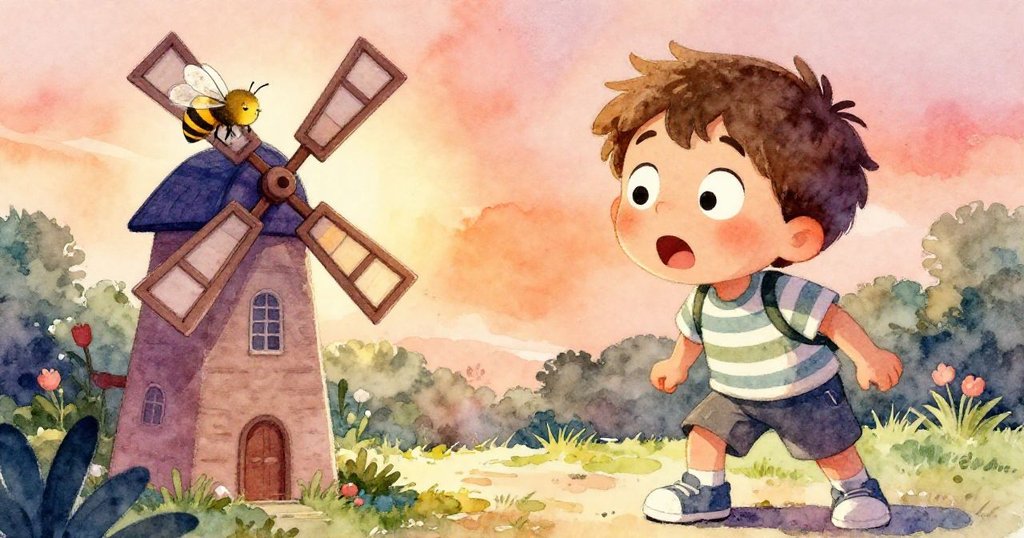 提姆低角度鏡頭中露出驚訝神情，看著一隻慵懶蜜蜂落在旋轉的微型風車上，細節豐富，充滿神奇感。