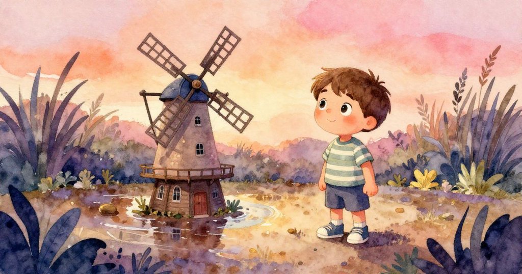 從高處俯瞰，濕潤土壤圍繞著放置在其中的微型風車，提姆遠觀全景，花園靜謐氛圍盡顯，充滿溫柔光影。