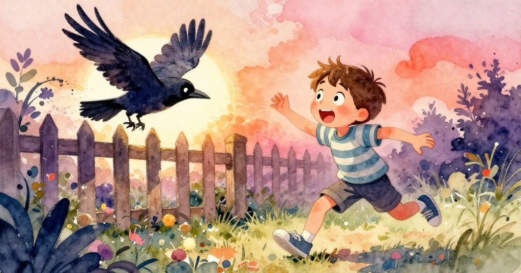 提姆因籠中大烏鴉的叫聲而顯得驚訝，烏鴉正振翅飛過花園圍欄，水珠飛濺，動感十足。