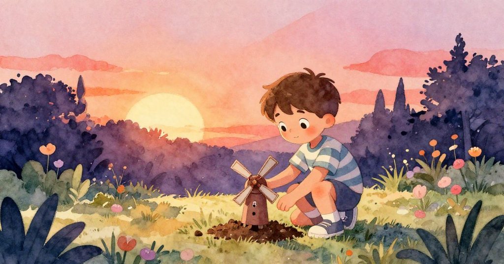 提姆在溫暖光線中輕輕將靜止的微型風車放入濕潤土壤中，臉上流露出滿足與平靜，花園重歸寧靜。