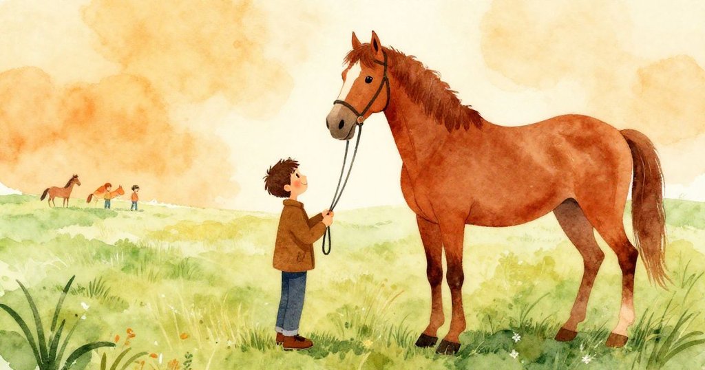 Sam與馬在陽光普照的草原上，以低角度剪影展示行動與平靜，遠處有人凝望，背景溫暖明亮。