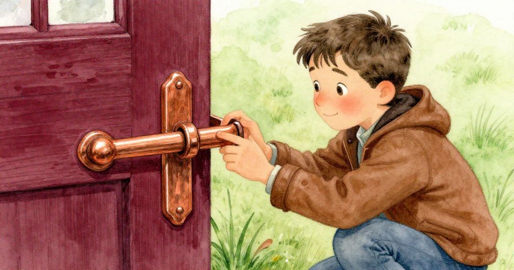 Sam專注地觸摸古舊的門閂，其精緻金屬與木紋細節清晰展現，背景隱現嫩綠草地。