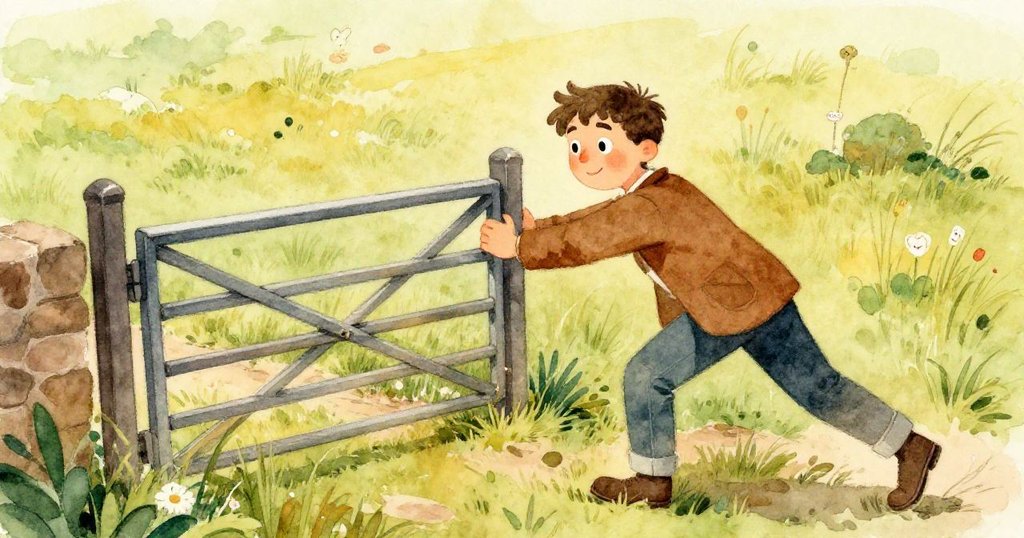 Sam用力推門，在傾斜視角下呈現動感瞬間，門隨重力搖擺，草地與光影交錯，氣氛既緊張又期待。