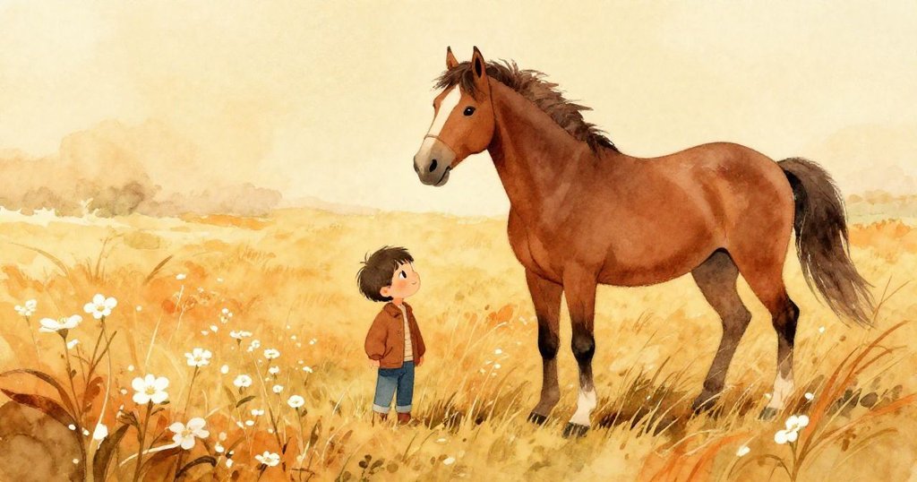 微風吹拂中，白花隨風飛舞，Sam與馬站於寬闊草原上，陽光溫暖灑下，景象生動而悠然。