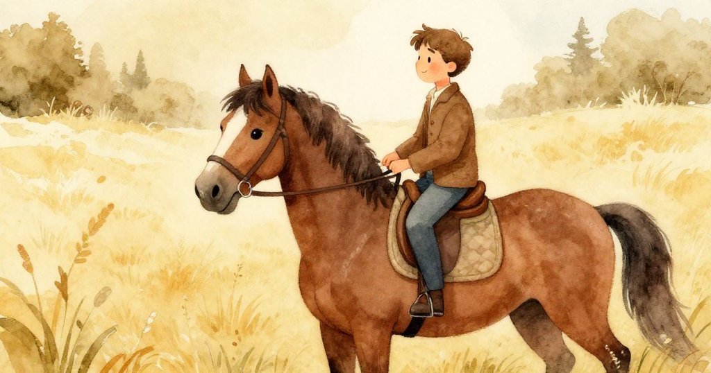 Sam安坐馬背上，臉上流露恬靜神情，馬穩健前行，金色光芒灑落廣闊田野，氛圍溫柔寧靜。