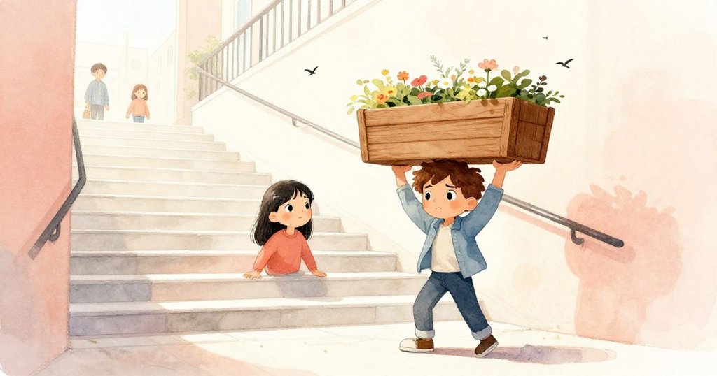 黎歐與米拉在晨光灑落的階梯入口忙碌，背景有行人與小鳥，臉上充滿期待與溫暖情感。