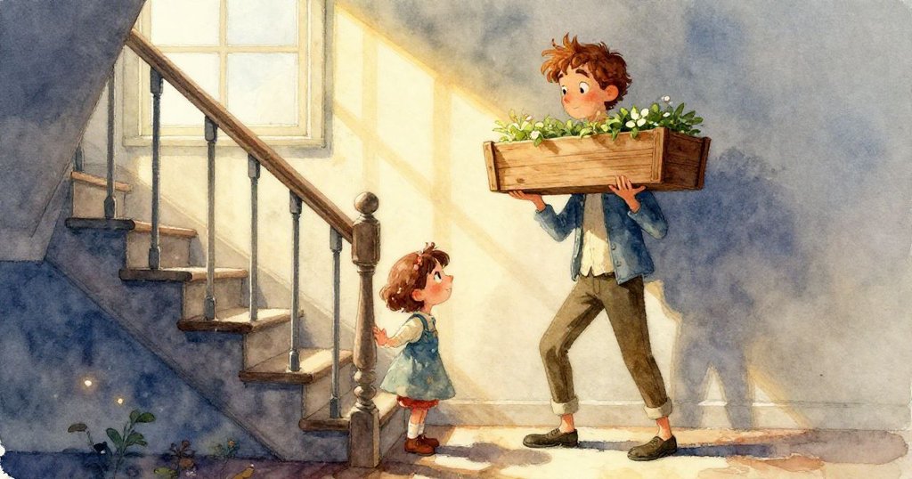 黎歐與米拉的腳步踏在濕潤階梯上，防滑膠帶與閃爍銀痕細節凸顯出小心前行的情景。