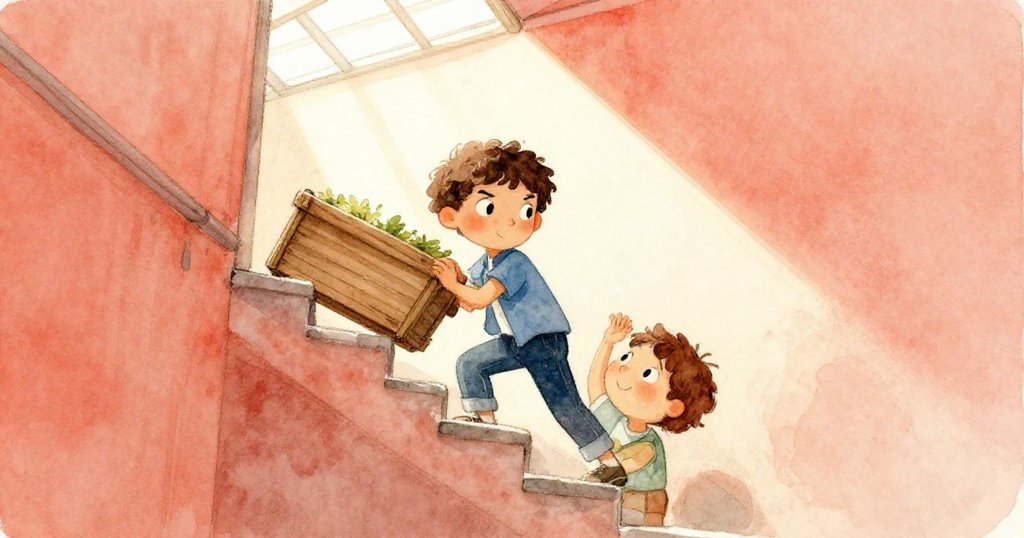 從低角度看黎歐滿懷堅毅推動沉重木箱，天井光芒映照下展現挑戰與力量的氛圍。