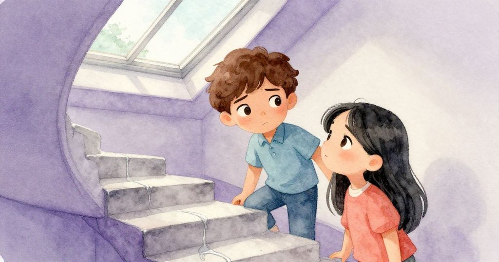 在隱蔽的轉角處，黎歐與米拉因卡住木箱爭執，牆角天窗與銀色黏液痕跡講述著階梯故事。