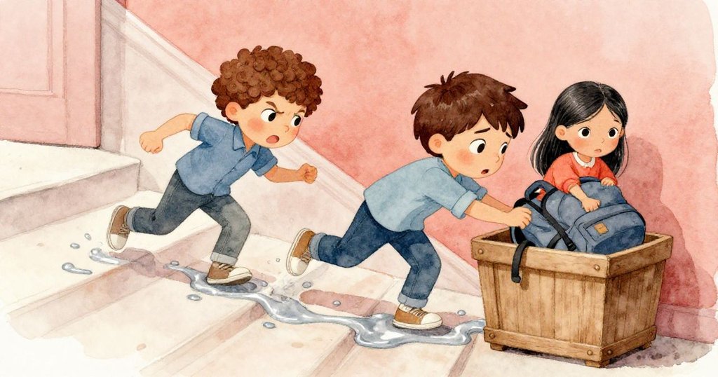 黎歐與米拉面對困難，米拉滑倒時黎歐急用背包撐起木箱，兩人神情緊張奮力應對挑戰。