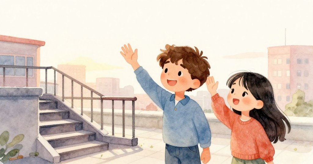 黎歐與米拉站在屋頂陽台上成功安置木箱，向後的階梯告別，夕陽映襯臉上滿是喜悅與釋然。