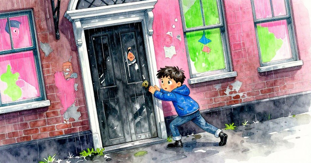 米洛推開舊市政廳側門,雨後濕潤磚牆與剝落海報營造神秘氣氛,米洛滿懷期待邁入未知空間。