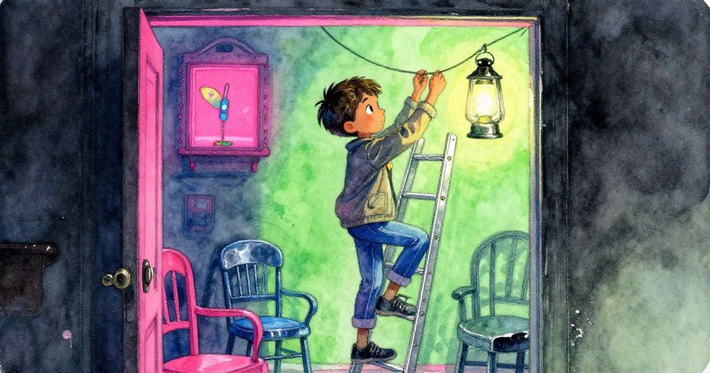 透過半敞門框窺視米洛攀爬梯子調整燈籠線,背景陳設舊椅與微光相映,呈現堅定與專注神情。