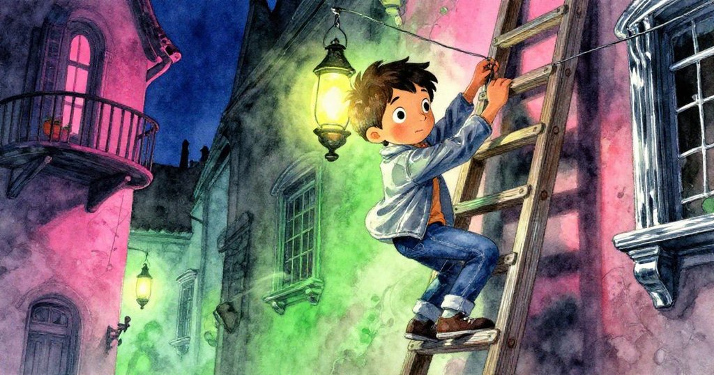 米洛因橫樑咯吱作響急速調整燈籠線,動作迅捷與背景古舊對比,流露堅毅緊張情緒。