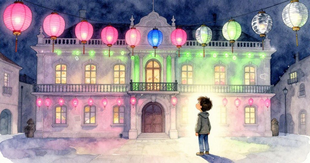 米洛退後欣賞明亮市政廳,整齊掛滿燈籠與懷舊卡片映襯出溫馨慶典氛圍,帶來滿足與喜悅。