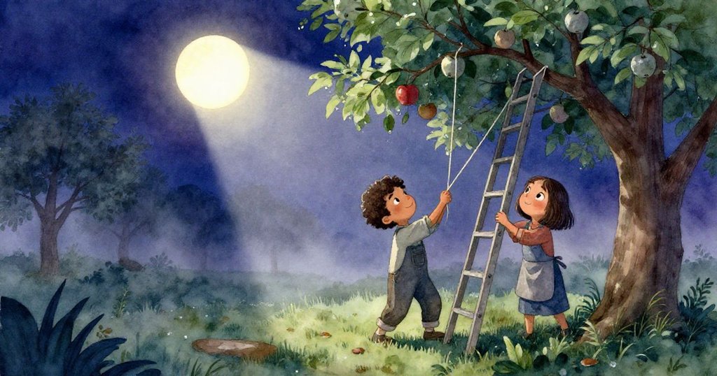 馬可斯在薄霧蘋果樹前緊拉細繩，莉拉扶梯支持，晨霧中充滿神秘氛圍，兩人專注努力。