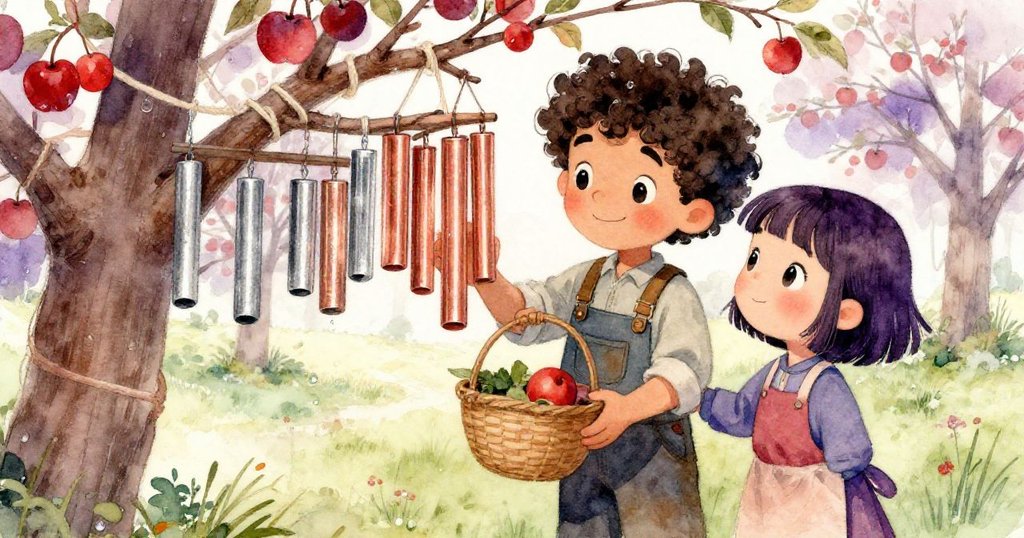 莉拉輕柔遞送銅鈴給馬可斯，樹枝上淡色繩線與銅鈴形成鮮明對比，果園中溫暖互動充滿生氣。