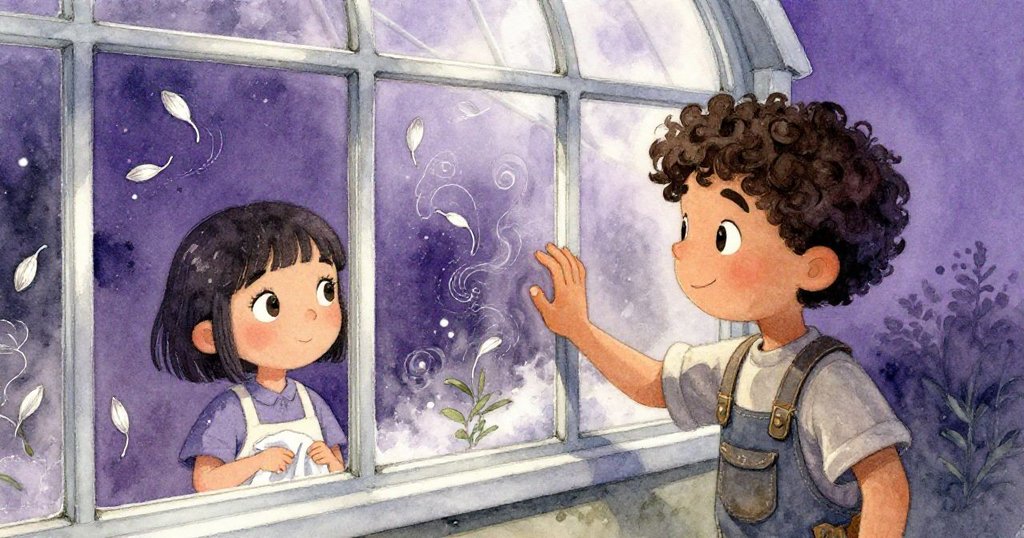 莉拉推動老舊溫室窗戶，柔軟種子在玻璃上旋舞反射，馬可斯攜布輕拂，情景細膩溫暖。