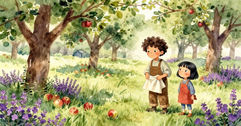 馬可斯持布動作輕柔采集種子，莉拉靜觀蘋果與百里香間的寧靜轉變，果園日光柔和溫馨。