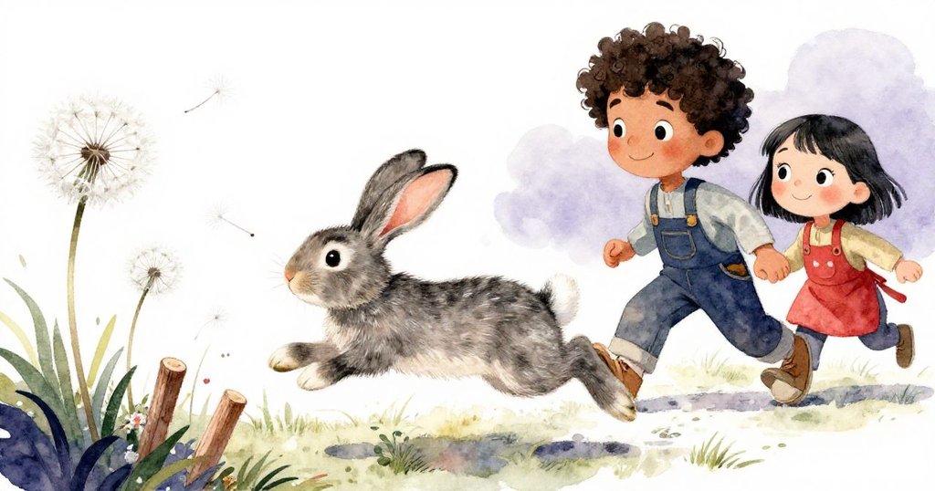 兔子迅速穿越搖晃木板，百里香旁百日草綻放白色種子，馬可斯與莉拉在遠處緊張注目，動態場景激昂。