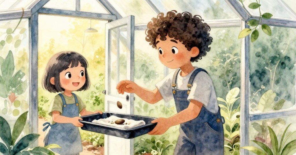 馬可斯輕拂布引導最後種子落盤，莉拉微笑望向敞開門邊新曙光，果園平和中透著希望與前行。