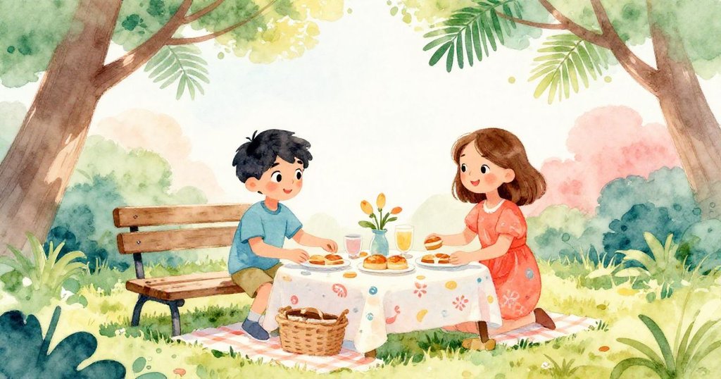 莉亞姆與米拉在明亮戶外整理野餐桌，準備野餐點心，部分長椅和落葉隱現，洋溢期待與開端喜悅。