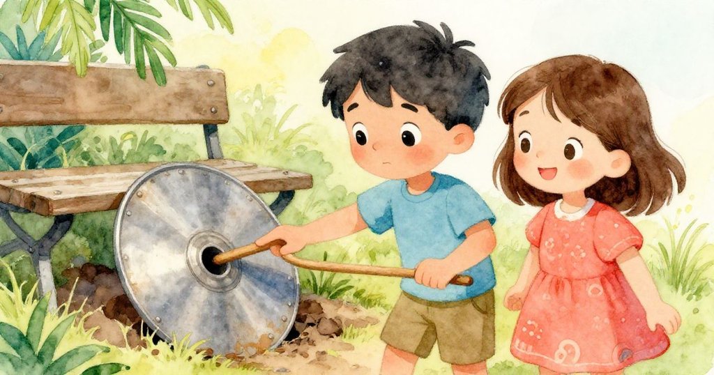 莉亞姆與米拉蹲下檢查覆蓋泥土的金屬圓片，手中木製攪拌棒輕輕介入，臉上充滿好奇與專注。