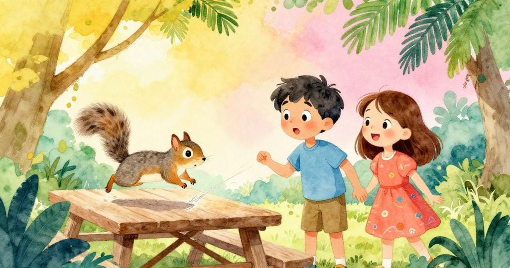 灰松鼠從野餐桌上躍起，劃出細微痕跡，莉亞姆與米拉驚訝觀望，背景樹葉間隱現野餐景致。
