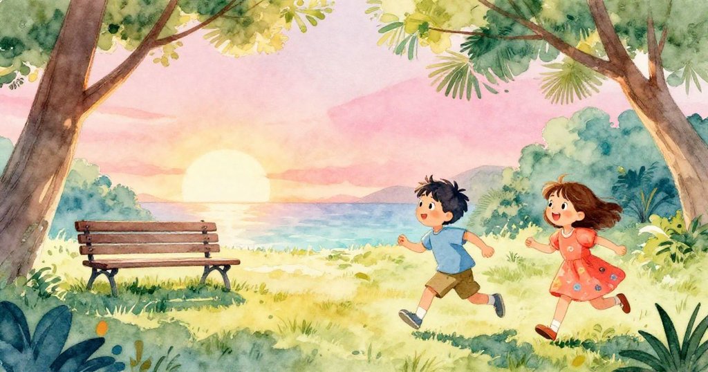 陽光穿過樹枝灑落，快樂小孩奔跑過野餐長椅，莉亞姆與米拉在光影間持續探索，氛圍活潑而溫馨。