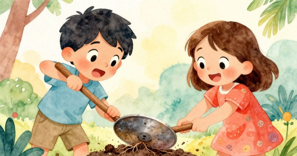 莉亞姆與米拉合作使用木製攪拌棒撬開金屬圓片，黏土與細根隨著斷裂閃現，臉上滿是驚喜與專注。