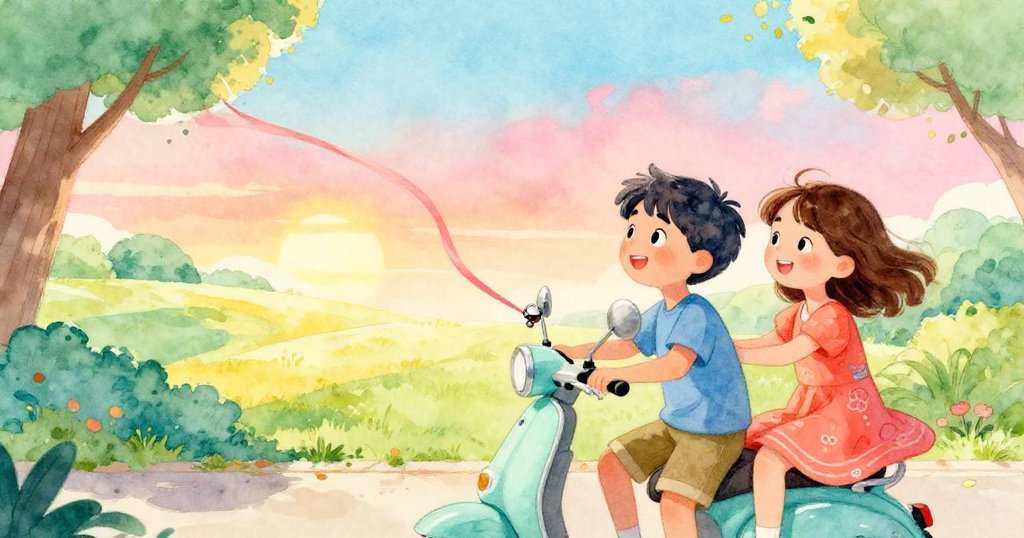 莉亞姆與米拉站在公園中，米拉用絲帶將鐘鐺固定於滑板車上，兩人滿懷喜悅向未來展望新途。