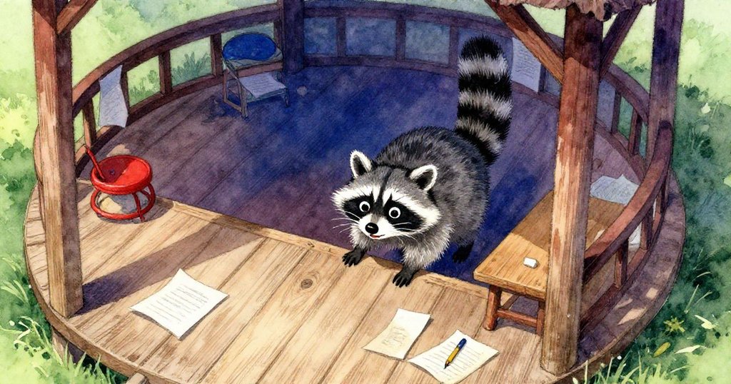 活潑的浣熊在老舊平房中穿過鬆木板，雨天中散落紙張，表情專注且緊張。