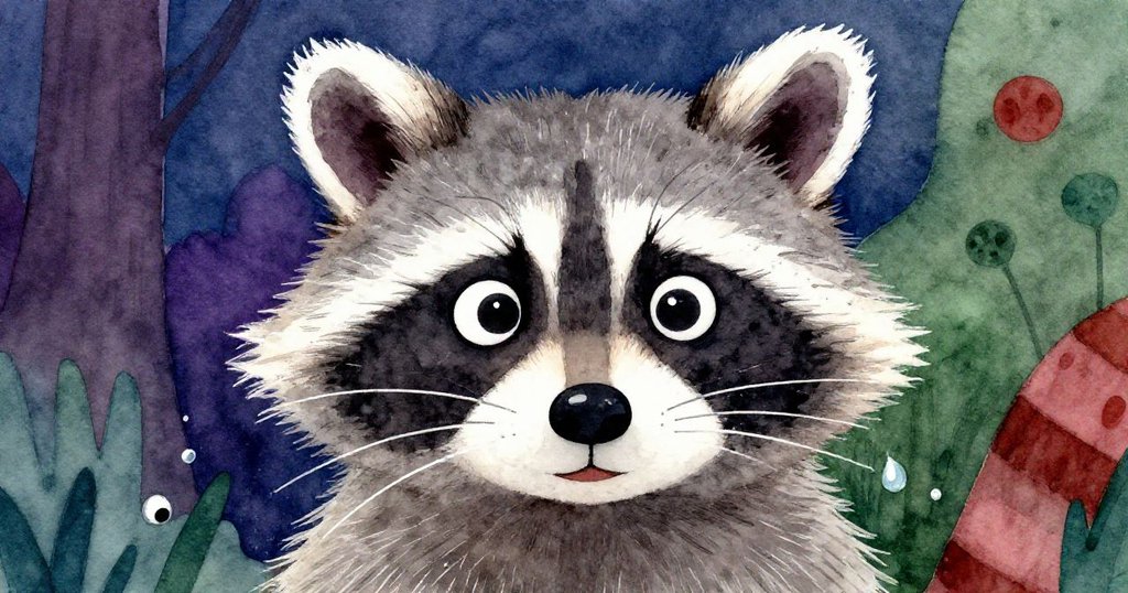 浣熊特寫顯示其興奮表情和顫動鬍鬚，水滴飛濺，展示好奇與驚喜感。