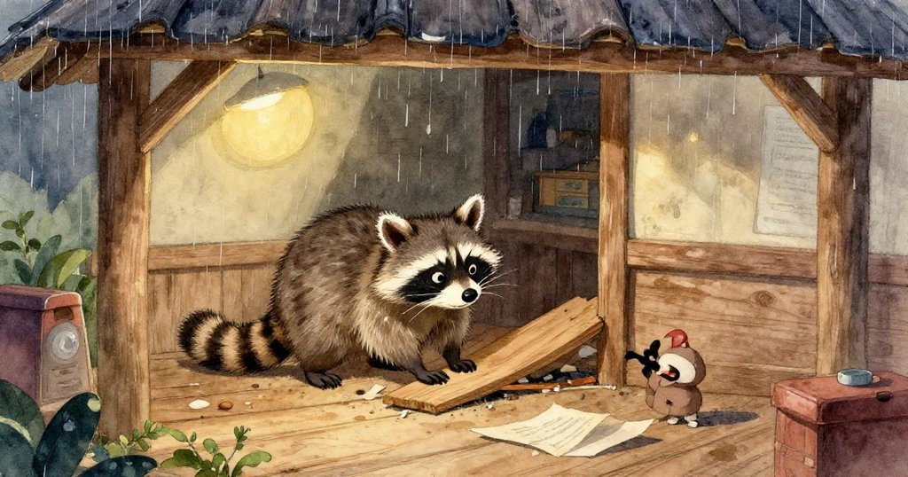 傾斜角度下，破舊木板裂開，水花濺落在散亂文稿和搖晃燈具上，呈現緊張動感。