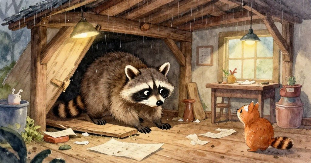 風雨交加中，破損窗戶外雨勢猛烈，藍色靠墊隨風移動，地板上水紋清晰動態。