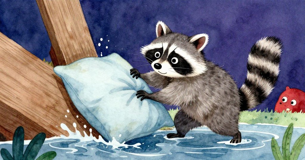 堅定浣熊用力推靠墊抵住破縫，水流湧動中木板微移，緊張氛圍充滿挑戰。