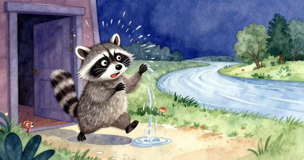 滿懷解脫浣熊甩水前行，向出口移動，地面水跡蜿蜒通向遠處河流，充滿溫馨結局。