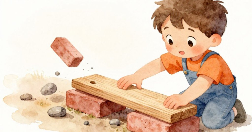 Milo小心擺放木板在磚塊上,一塊磚滑落引發石子滾動,手部細節清晰,表情專注。