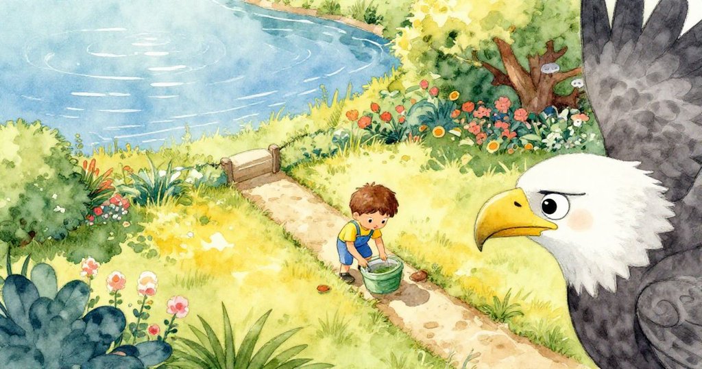 以鷹眼視角俯瞰,Milo在花園忙碌搭橋,遠處湖面閃耀陽光,環境寬闊且充滿生氣。