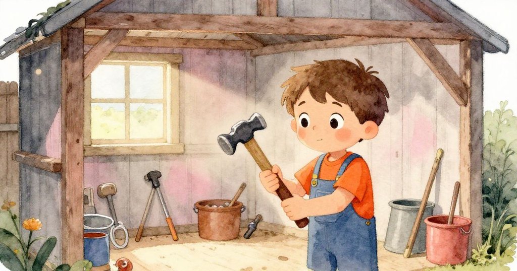 Milo走進溫馨的工具棚,仔細檢查錘子,背景中擺滿各種工具,展示內心沉思和重整計劃。