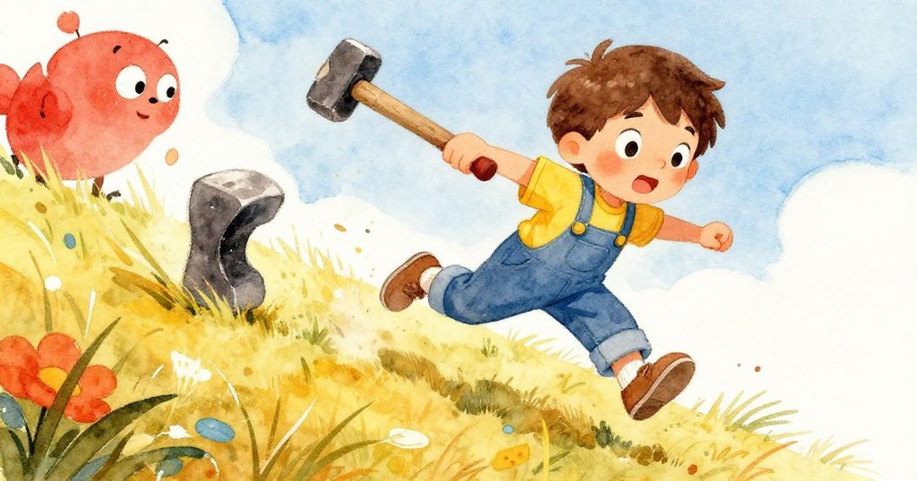 Milo急速跳起用腳阻止滾動錘子,表情堅定,動作迅捷,草地上展現挑戰與緊張氛圍。