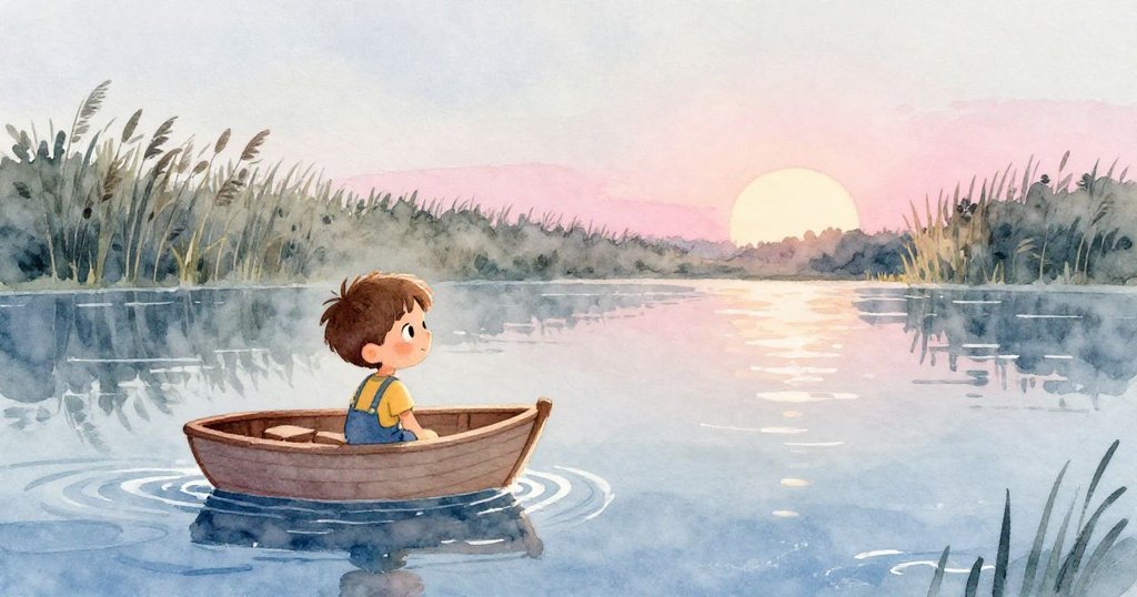 Milo凝視著湖面上輕輕漂流的小船,夕陽倒映水波閃爍,寓意著旅程與釋放,場景安靜而富有詩意。